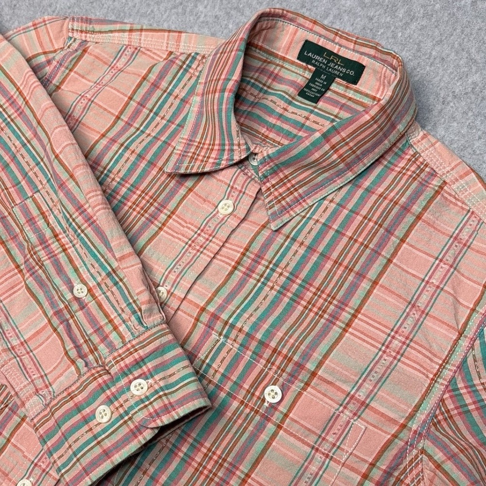 Lauren Ralph Lauren Pink Green Plaid Cotton Button Down Shirt Roll Tab M